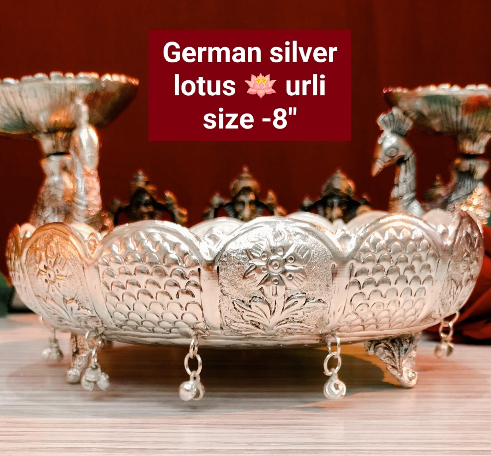 German silver antique lotus urli with hanging Ghungaru