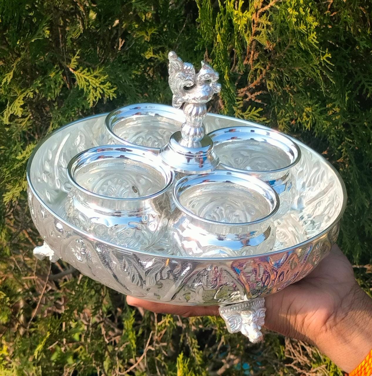 German silver Ashtalakshmi plate with elephant stand peacock kumkum stand