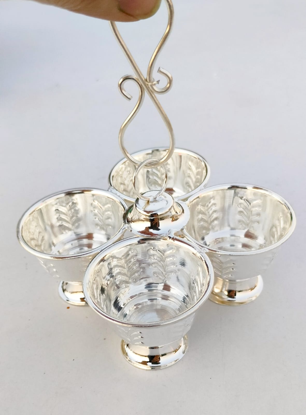 German silver 4 bowl kumkum stand with detachable hanging handle- 10 Pcs