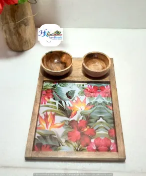 Wooden Serving Rectangular Platter with 2 Bowls-12x8"