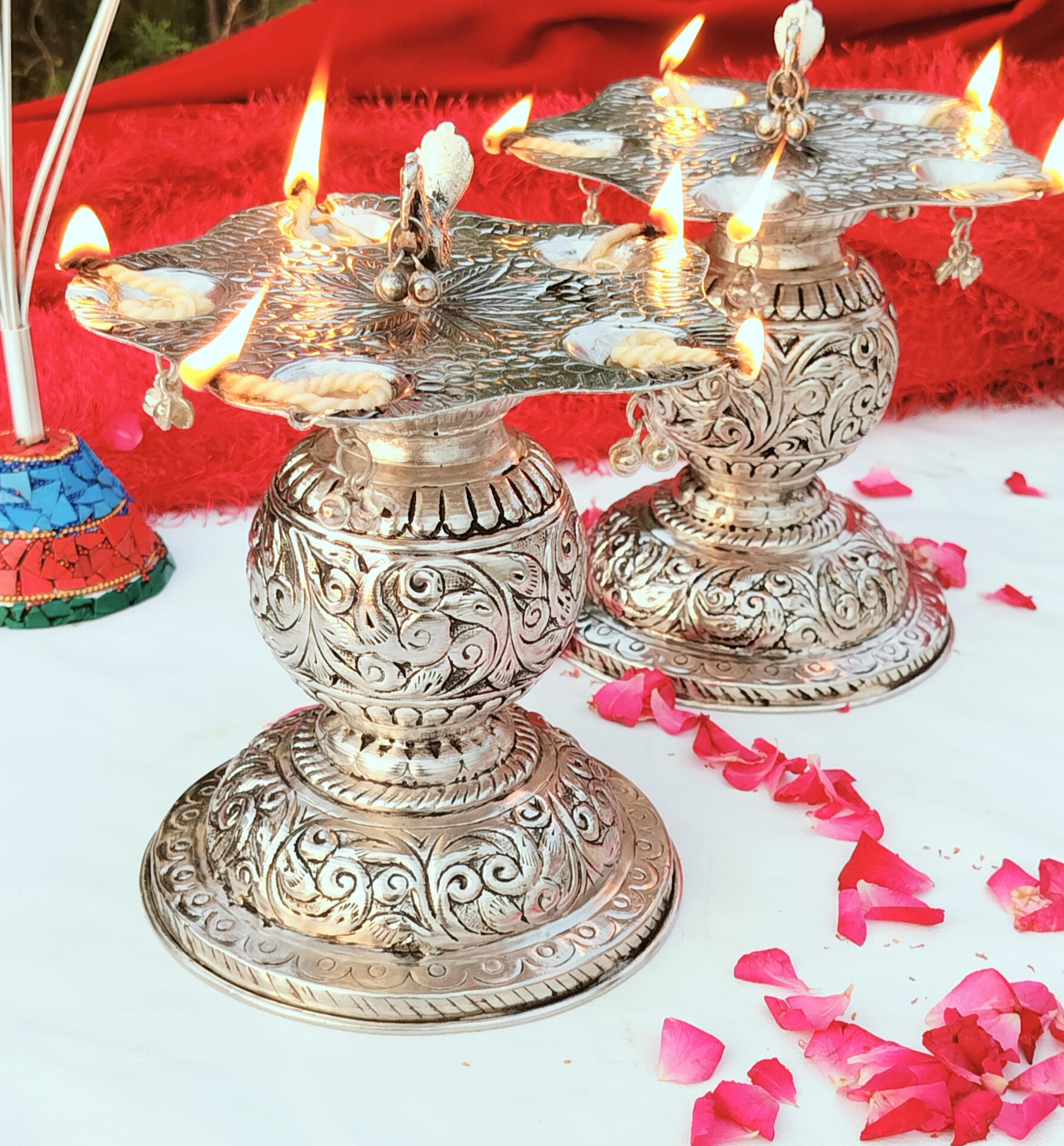Antique German silver panchmukhi samai/ diya pair 