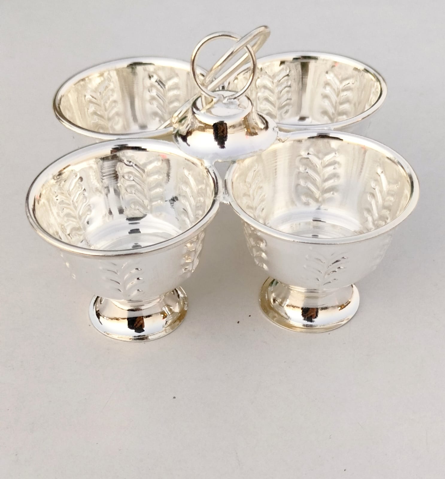German silver 4 bowl kumkum stand with detachable hanging handle- 10 Pcs