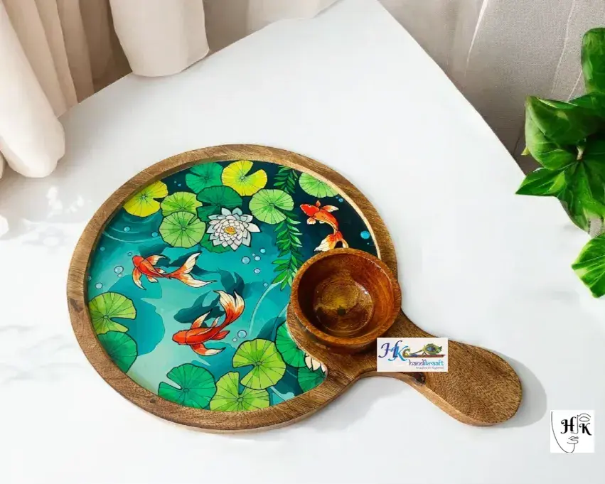 Wooden Serving Pizza Platter Bowl with Handle
