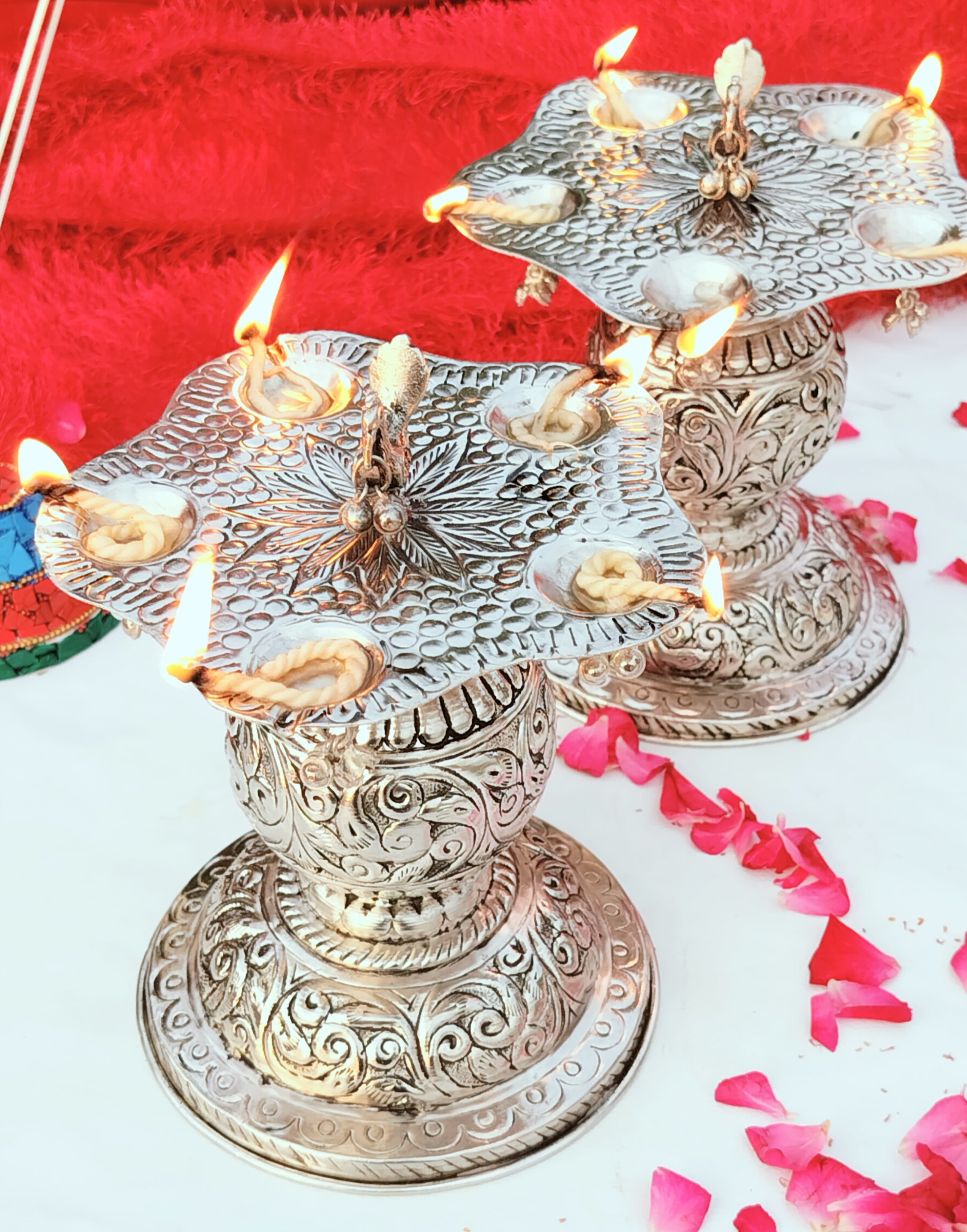 Antique German silver panchmukhi samai/ diya pair 