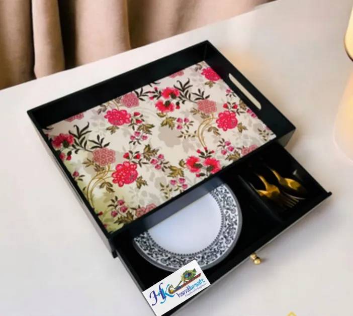 Rectangular Wooden Tray  with  Drawer-14L *  10B * 4H inches