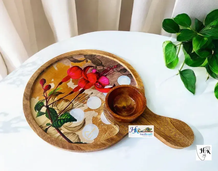 Wooden Serving Pizza Platter Bowl with Handle
