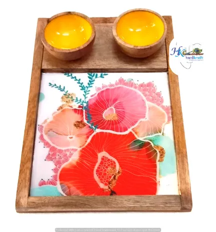 Wooden Serving Rectangular Platter with 2 Bowls-12x8"