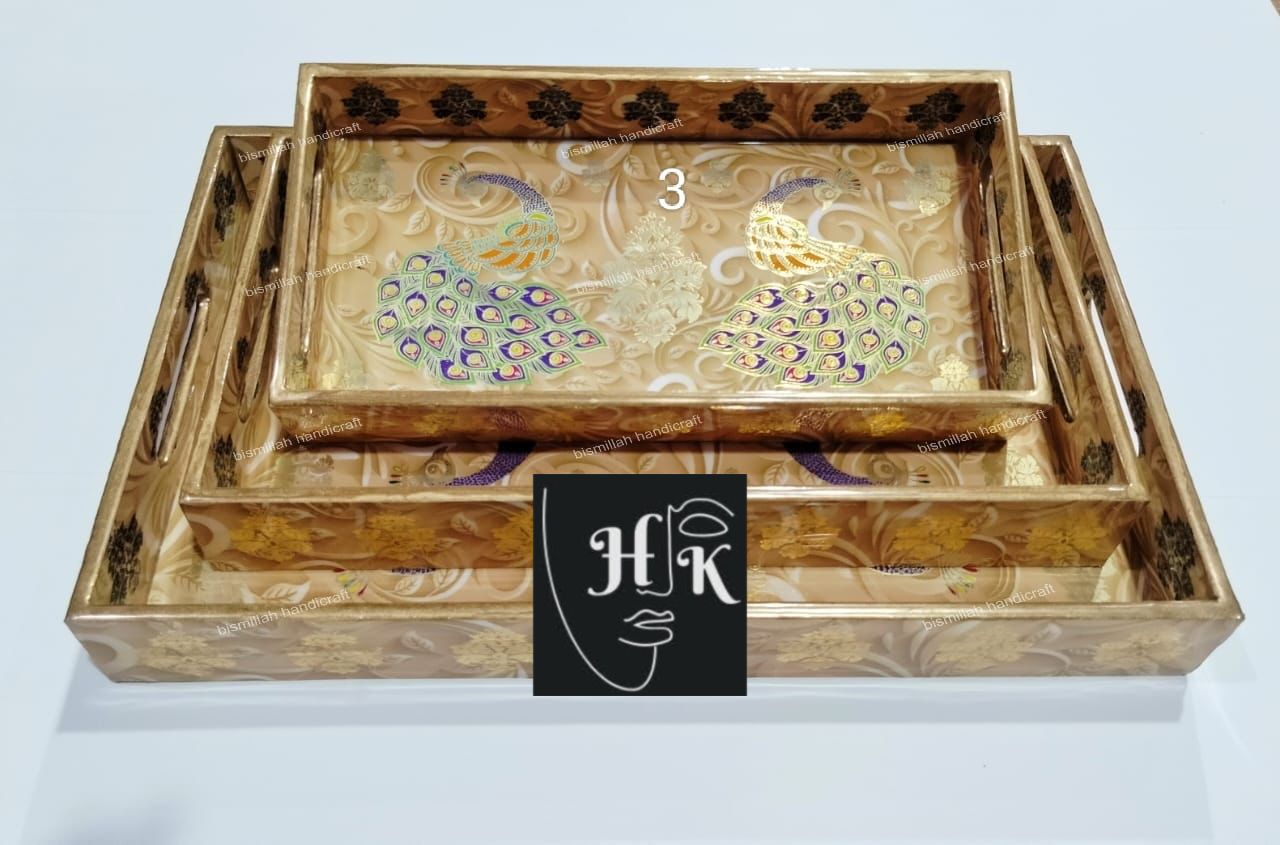Premium Golden Foil Handcrafted Decorative Tray Set -16"-14"-12"
