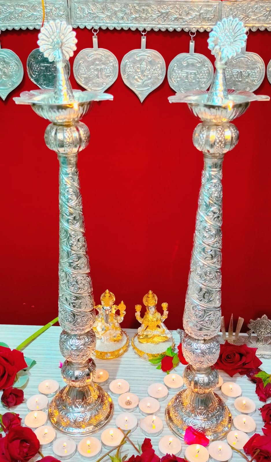 German silver antique new design peacock diya __/ samai pair