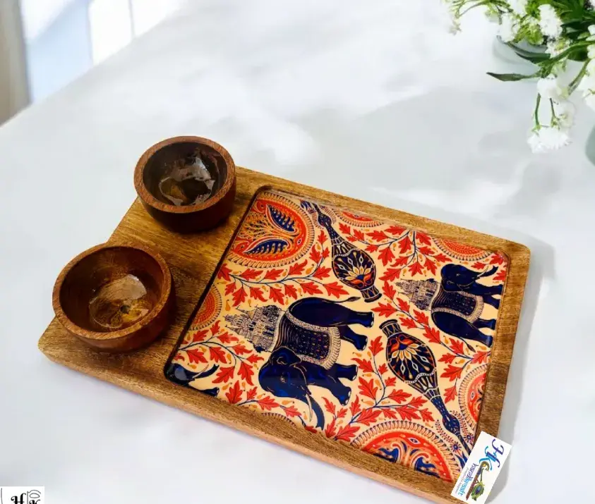 Wooden Serving Rectangular Platter with 2 Bowls-12x8"