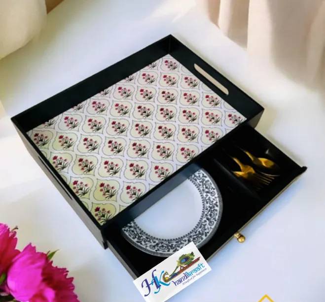 Rectangular Wooden Tray  with  Drawer-12L *  8B * 5H inches