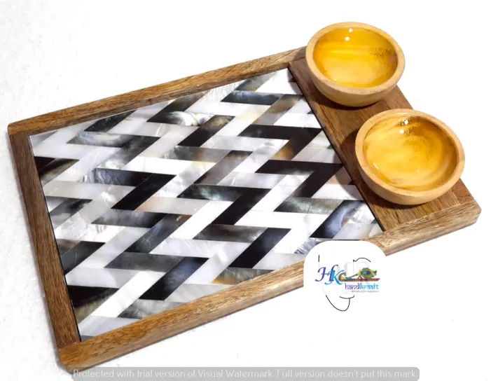 Wooden Serving Rectangular Platter with 2 Bowls-12x8"