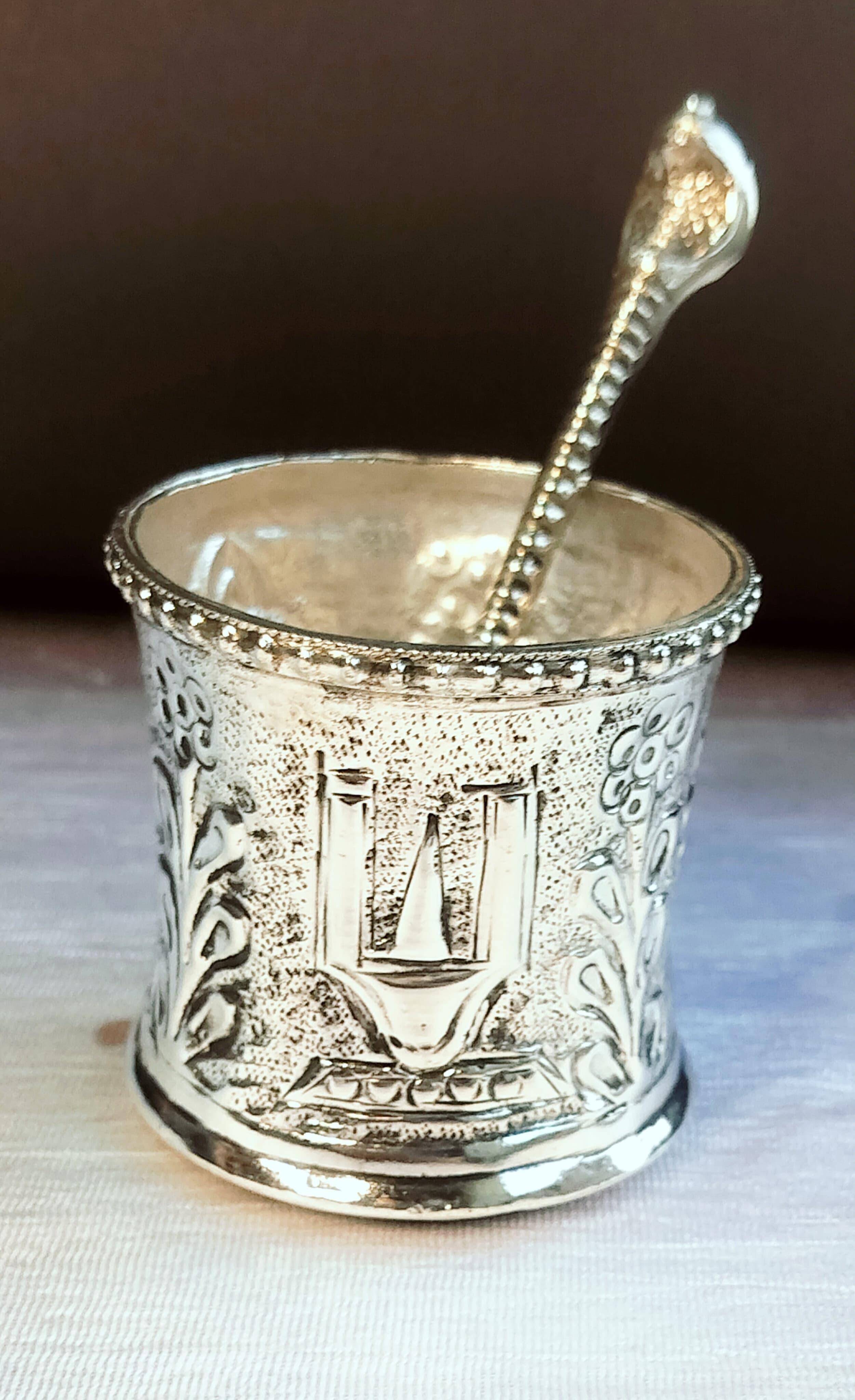 German silver antique panchapatra with aachmani set