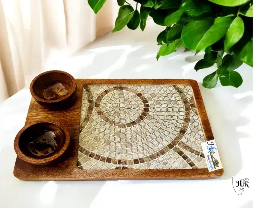 Wooden Serving Rectangular Platter with 2 Bowls-12x8"
