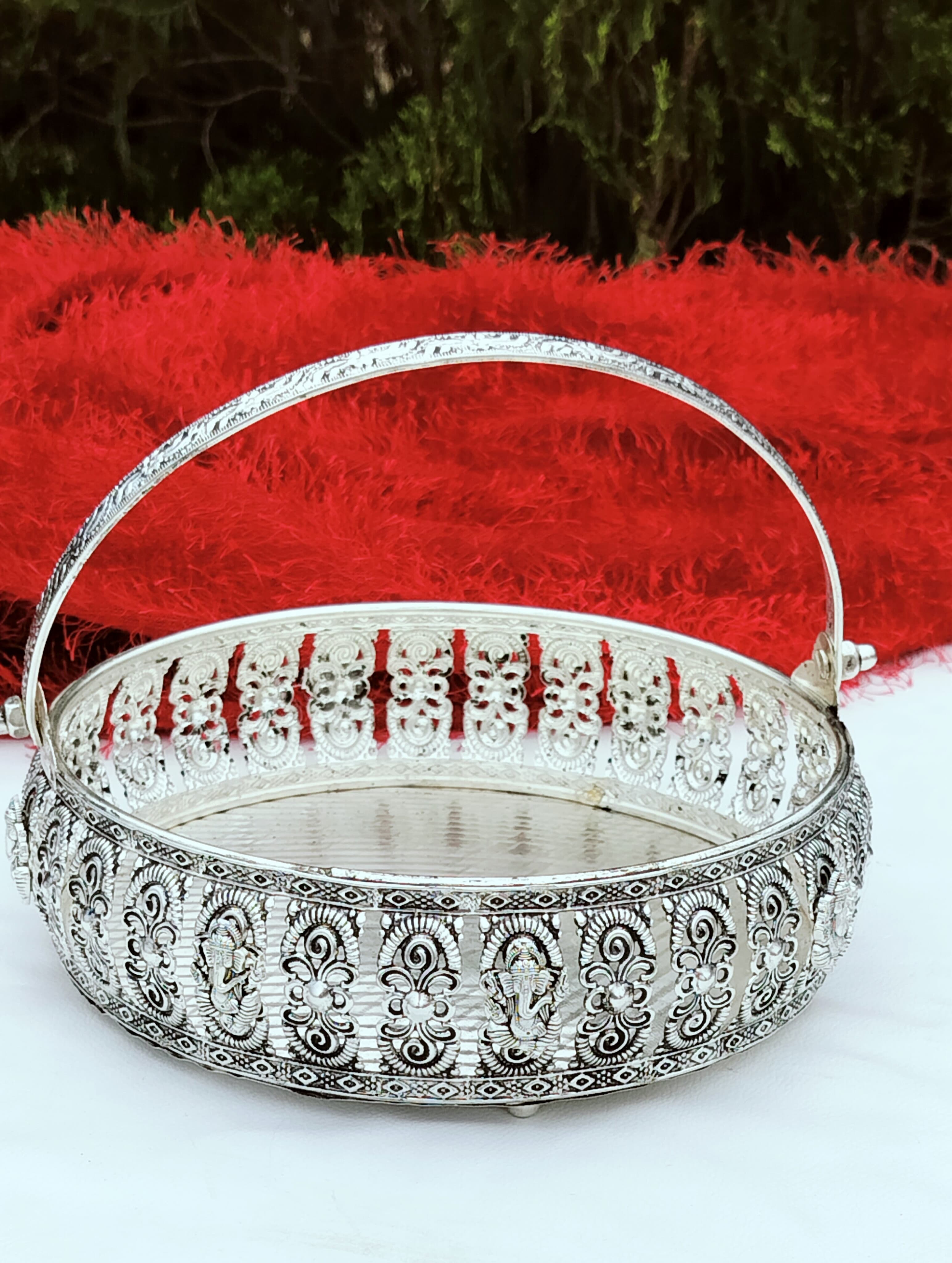 Antique German silver Ashta vinayak engraved flower  basket