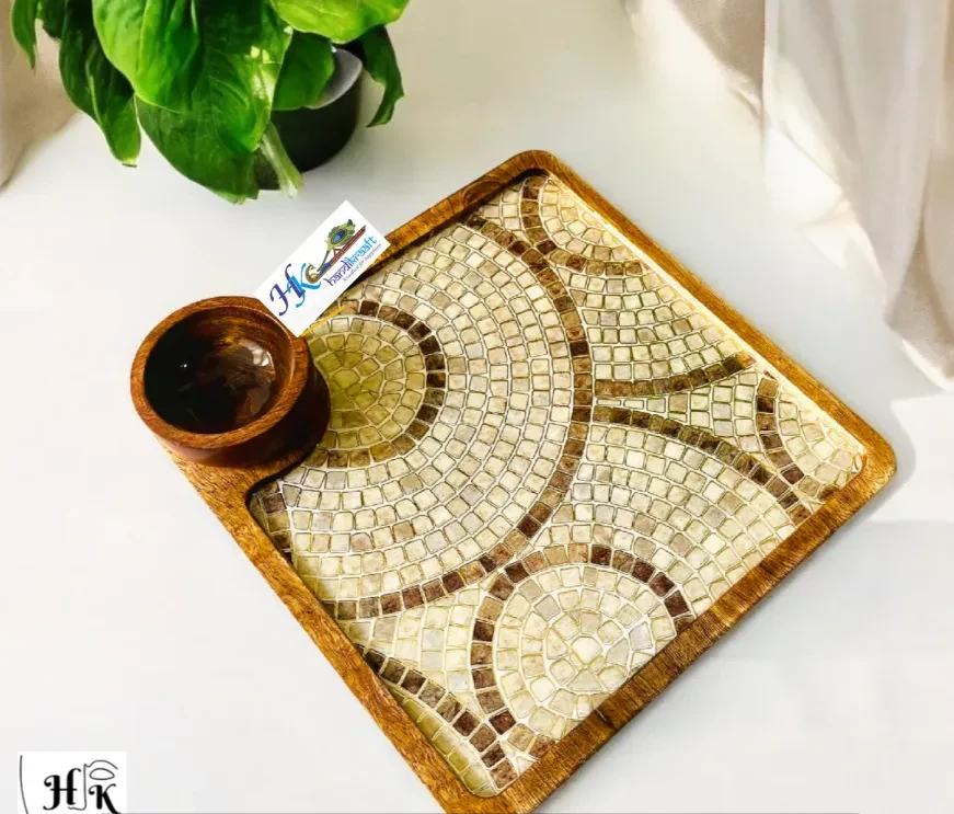 Wooden Serving Square  Platter with a Bowl-10"