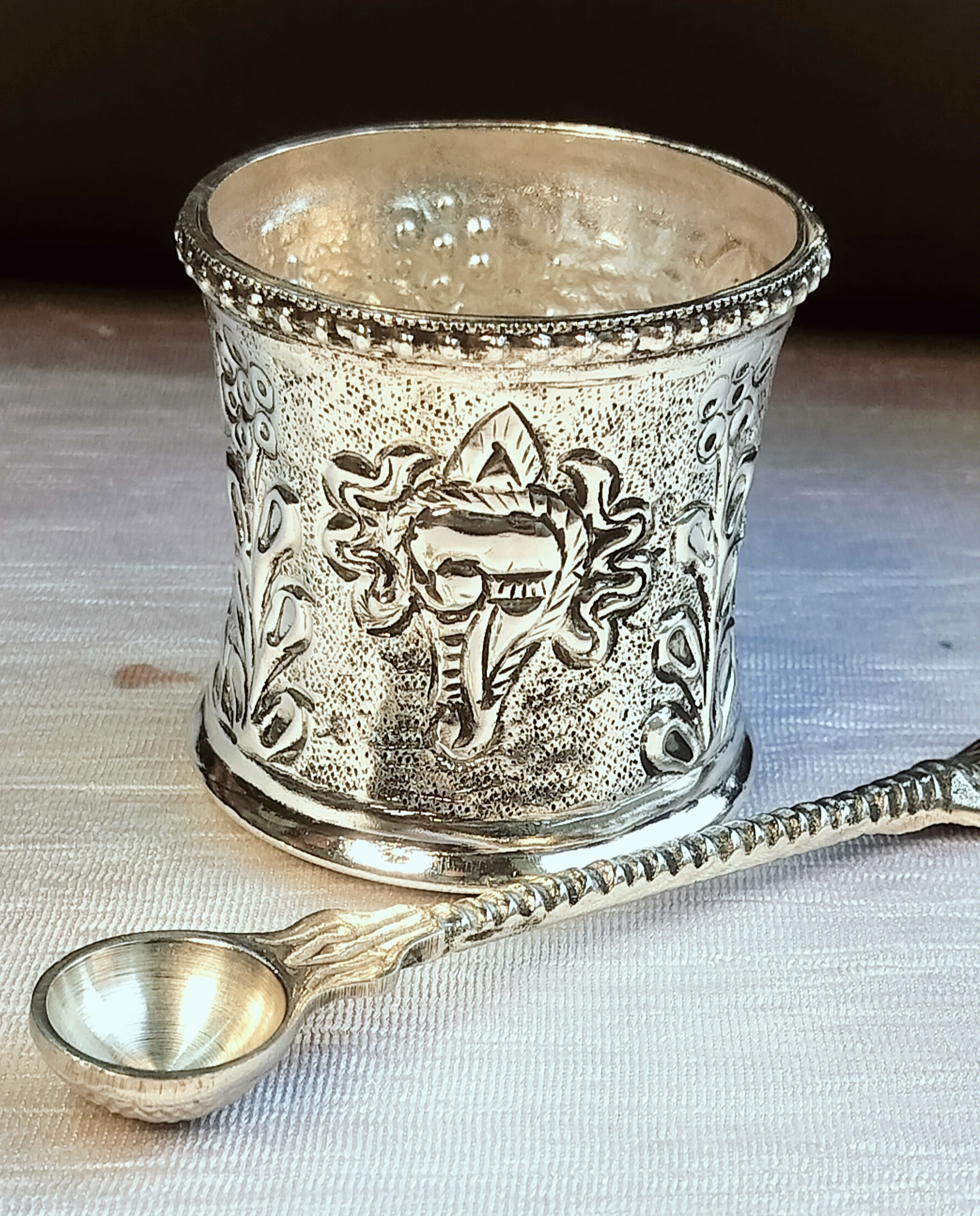 German silver antique panchapatra with aachmani set