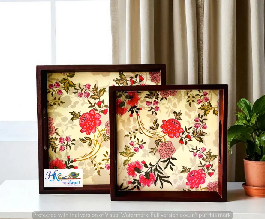 Premium Polished Teakwood Serving Tray Set of 2- 12x12" &10x10"