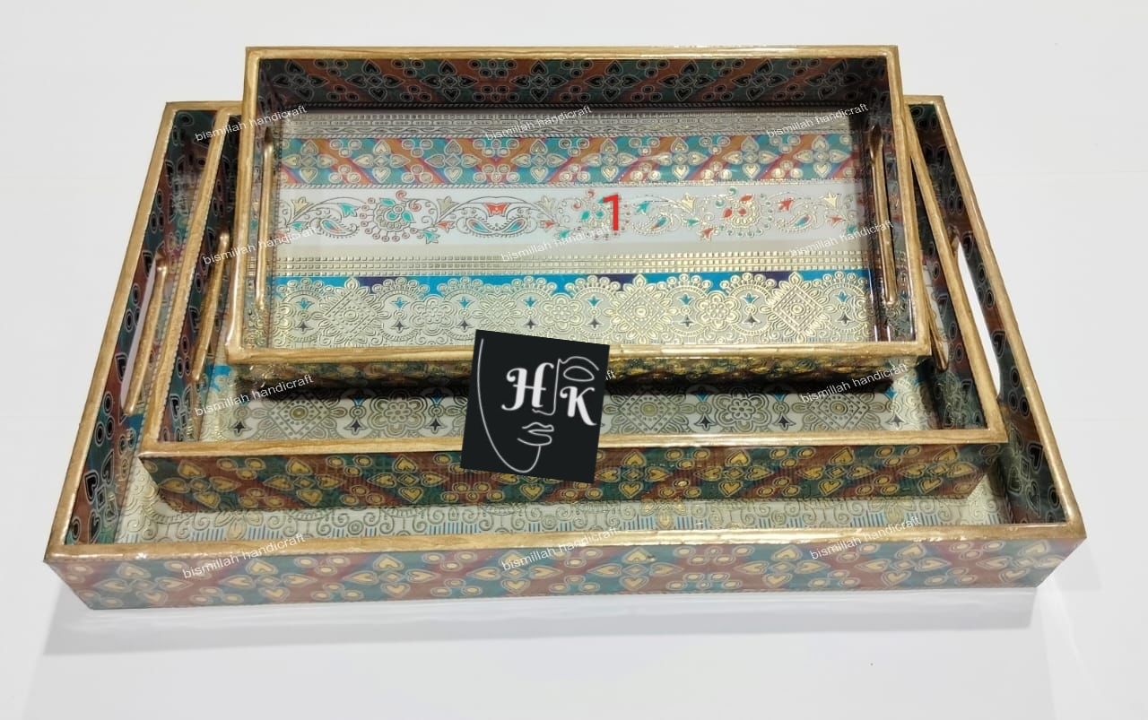 Premium Golden Foil Handcrafted Decorative Tray Set -16"-14"-12"