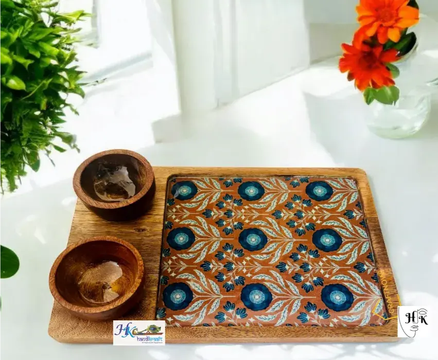 Wooden Serving Rectangular Platter with 2 Bowls-12x8"