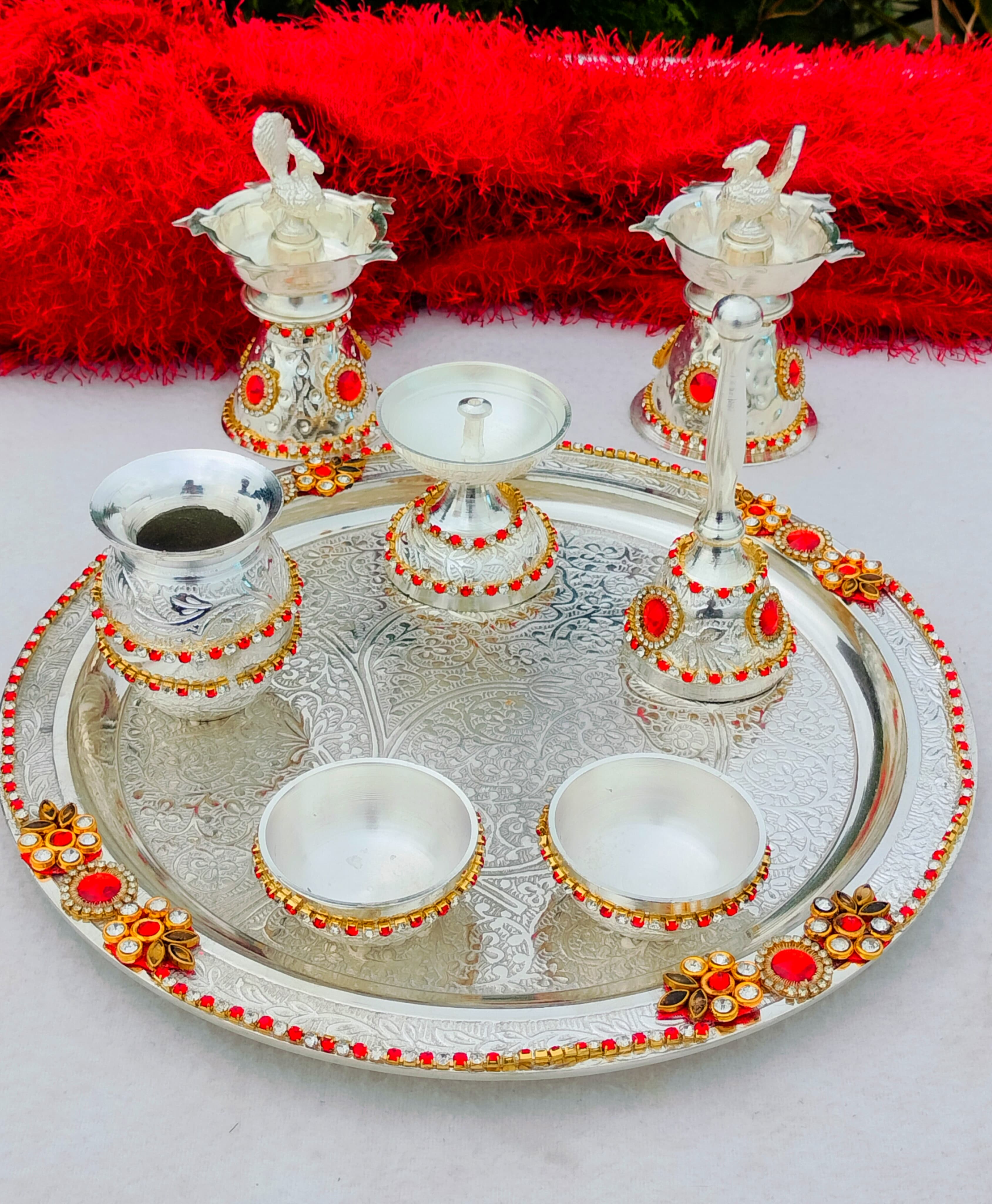 German silver pooja set with kundan work