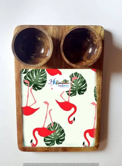 Wooden Serving Rectangular Platter with 2 Bowls-12x8"