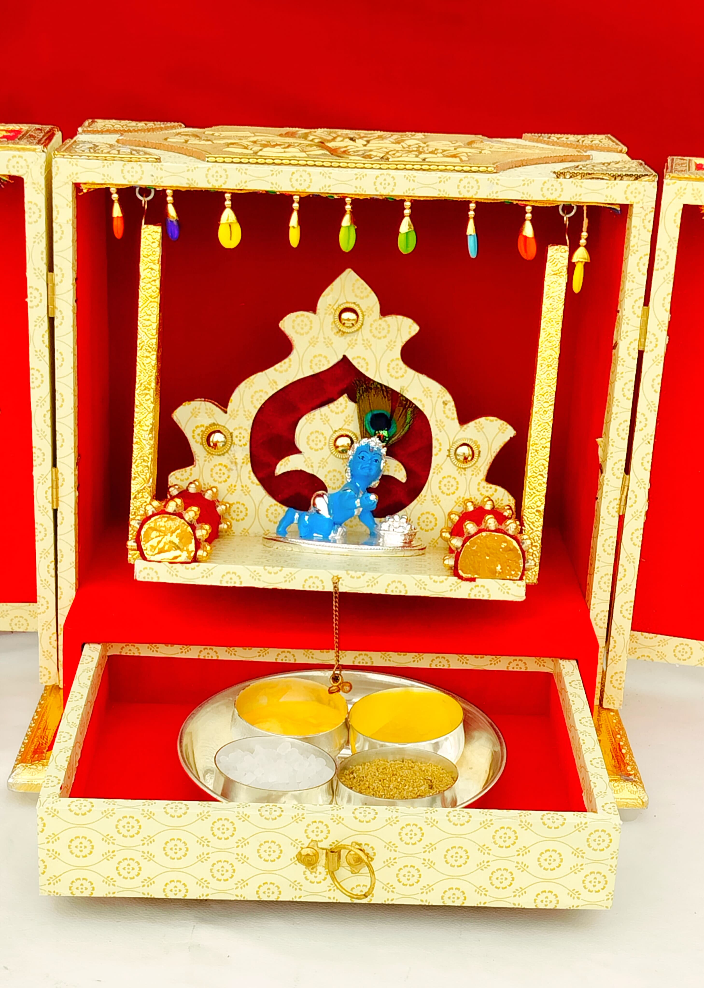 Antique Gold plated German silver Teak wood base jhula with Temple