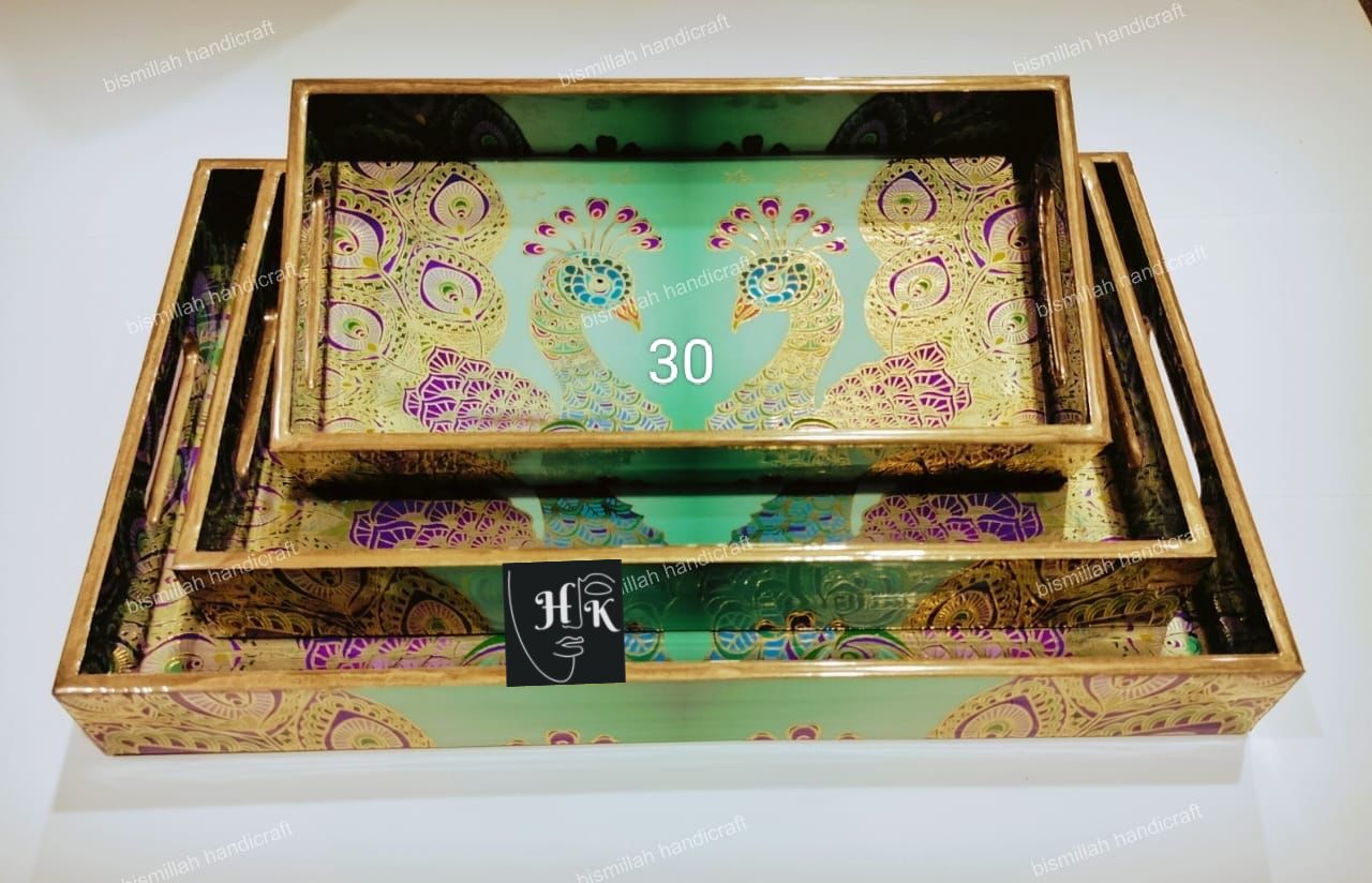 Premium Golden Foil Handcrafted Decorative Tray Set -16"-14"-12"