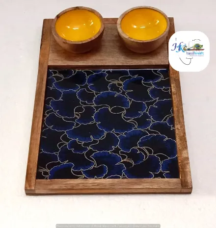 Wooden Serving Rectangular Platter with 2 Bowls-12x8"