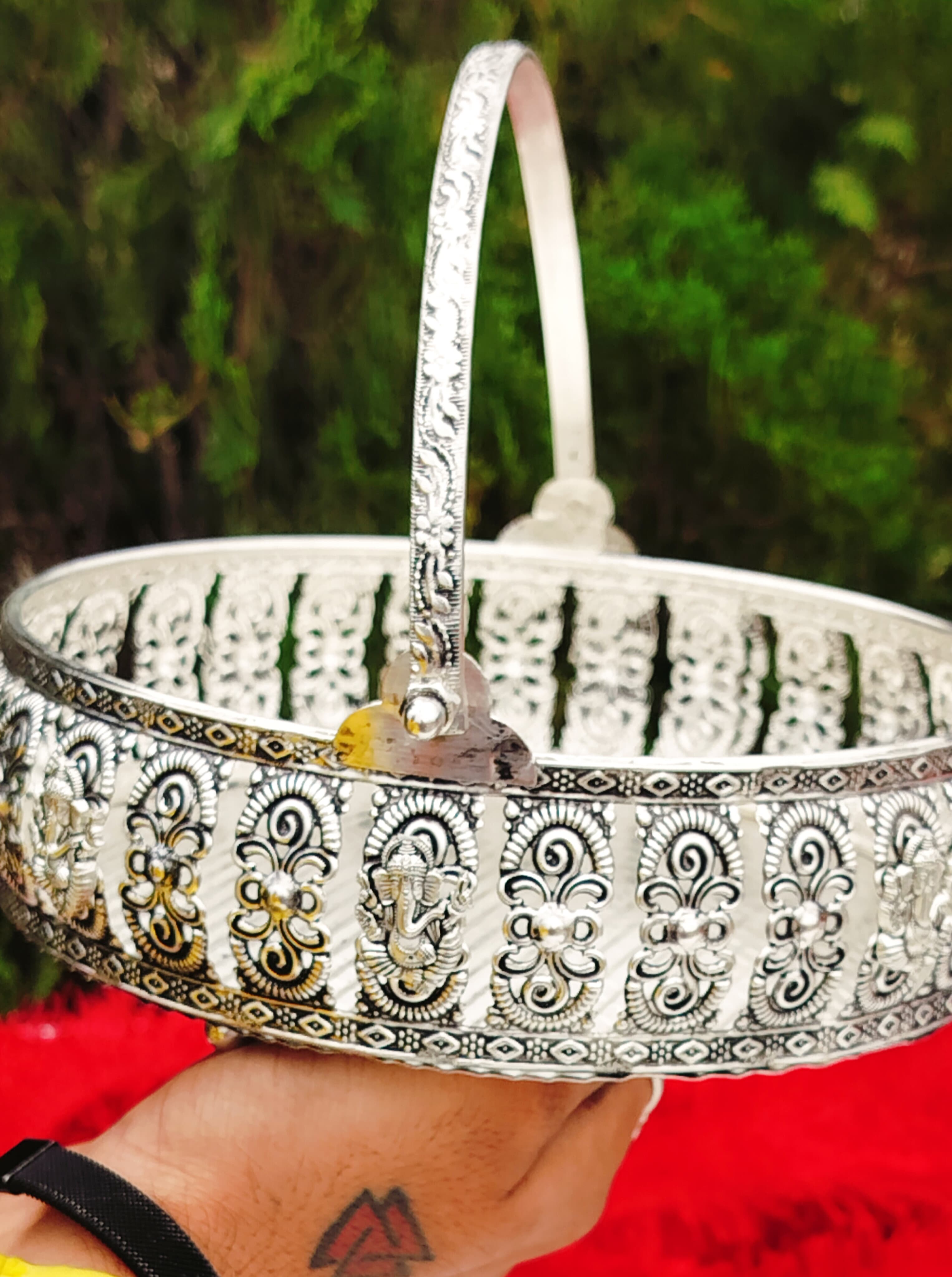 Antique German silver Ashta vinayak engraved flower  basket