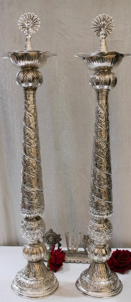 German silver antique new design peacock diya __/ samai pair