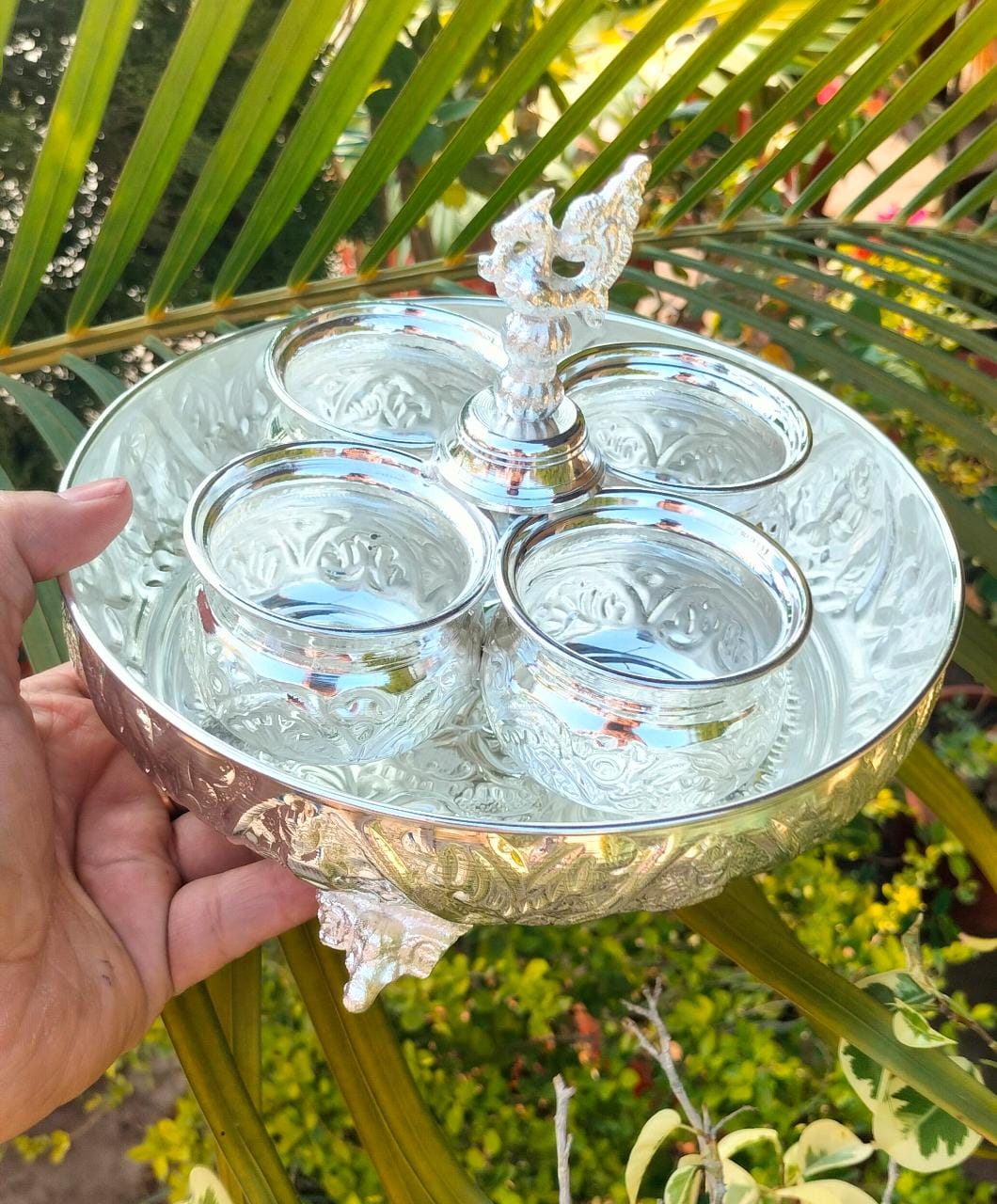 German silver Ashtalakshmi plate with elephant stand peacock kumkum stand