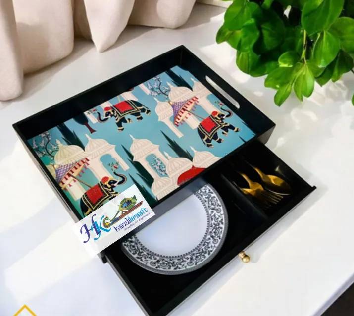 Rectangular Wooden Tray  with  Drawer-14L *  10B * 4H inches