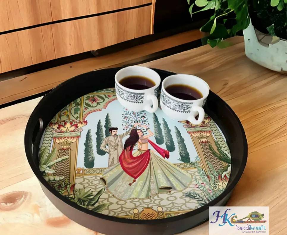 Premium Deco Painted Wooden Round Tray- 12 * 12