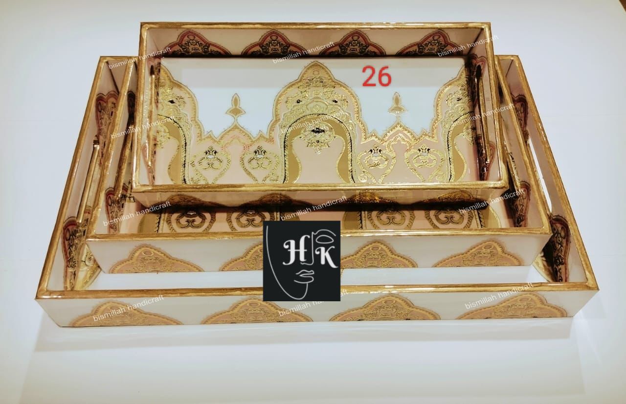 Premium Golden Foil Handcrafted Decorative Tray Set -16"-14"-12"
