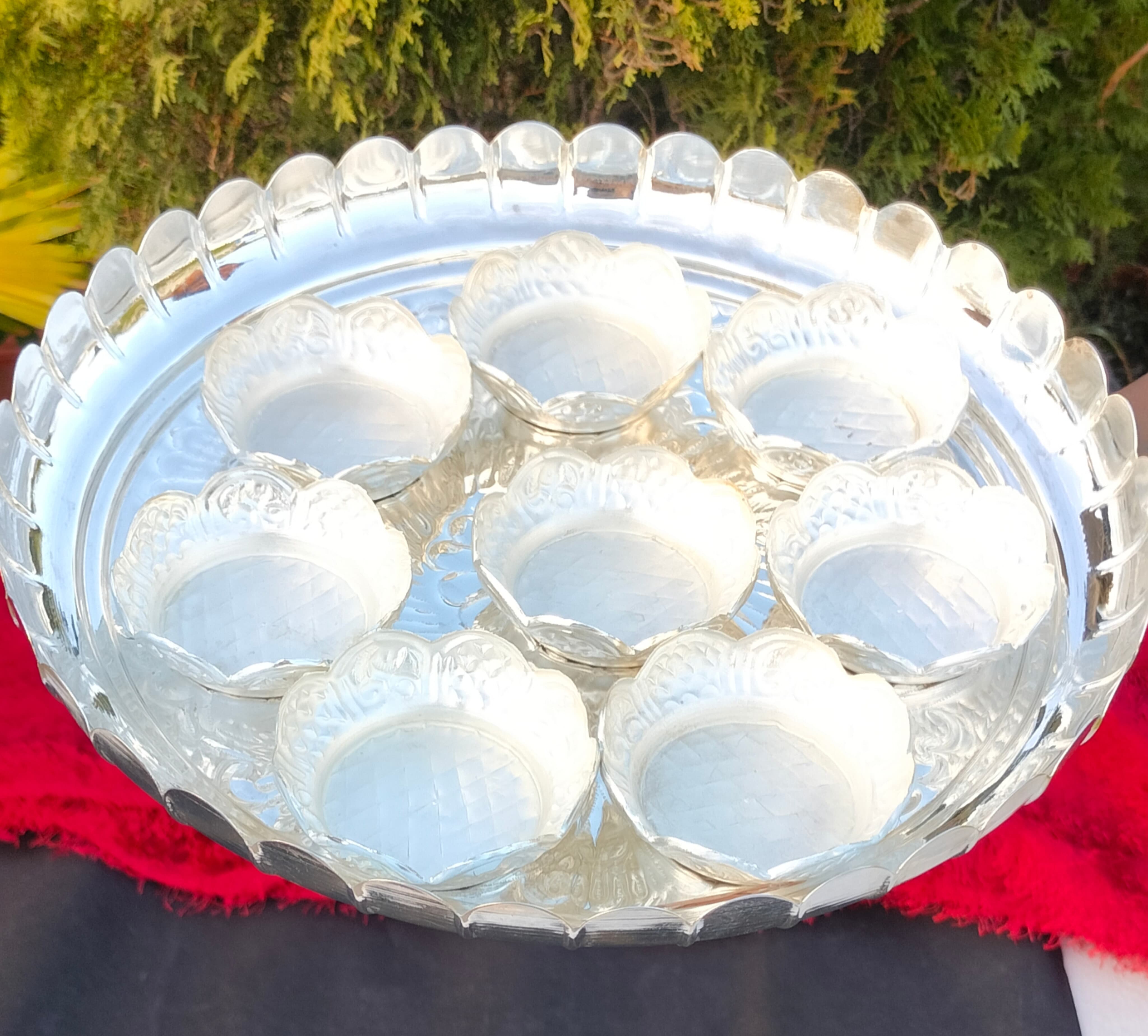 German silver lotus plate with 8 lotus bowl combo