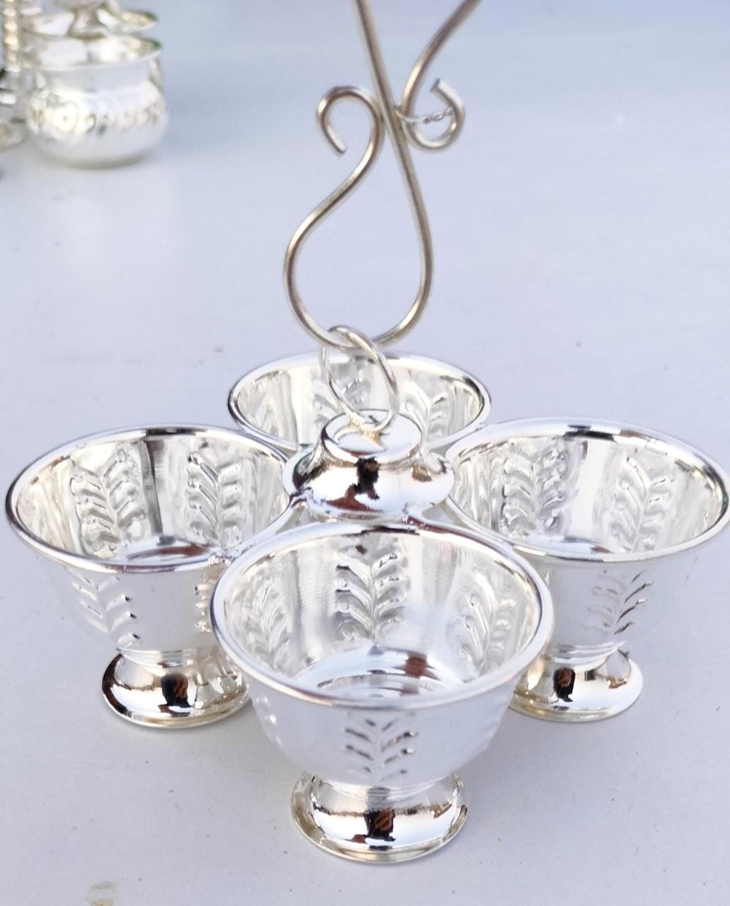 German silver 4 bowl kumkum stand with detachable hanging handle- 10 Pcs