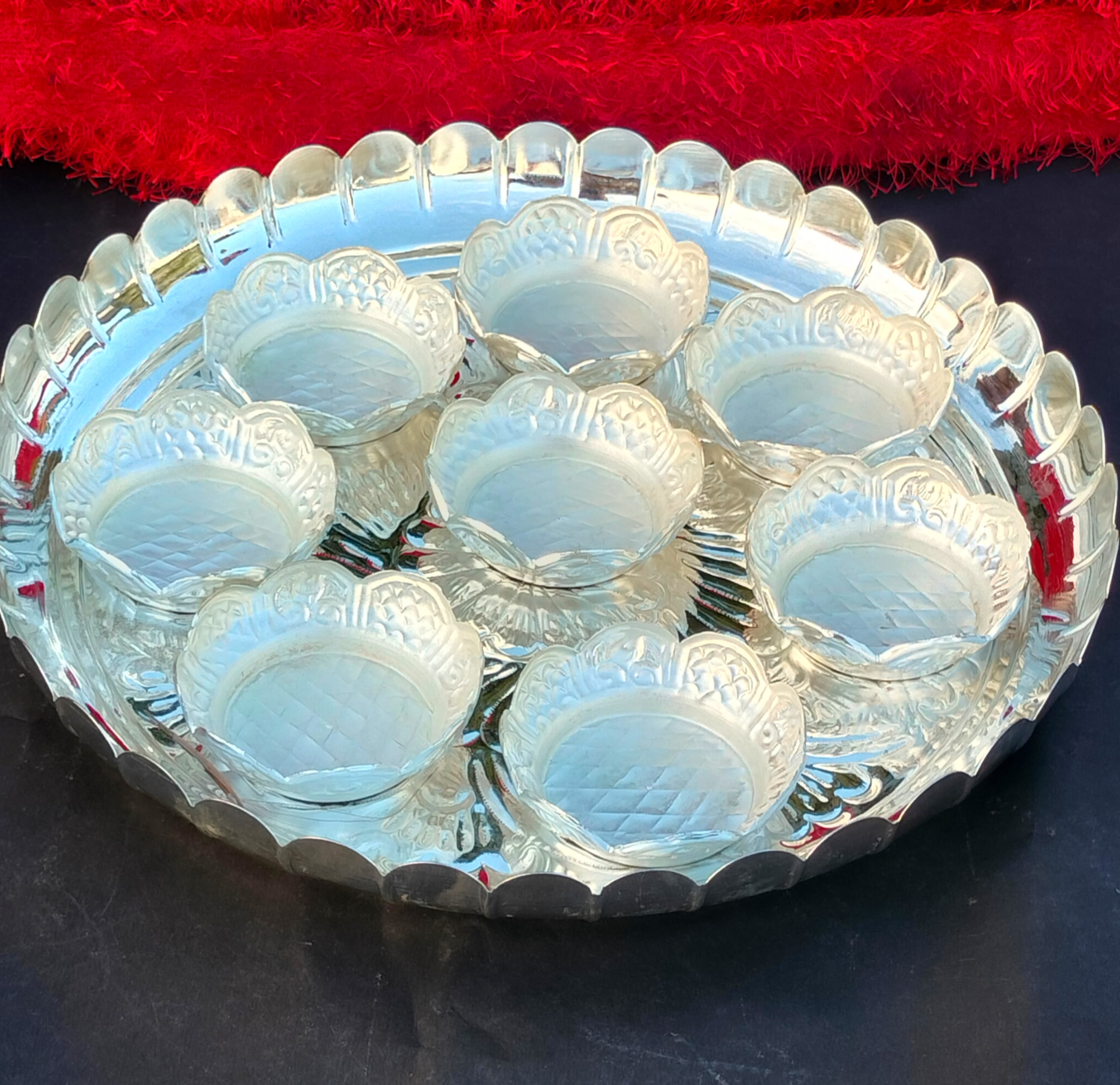German silver lotus plate with 8 lotus bowl combo