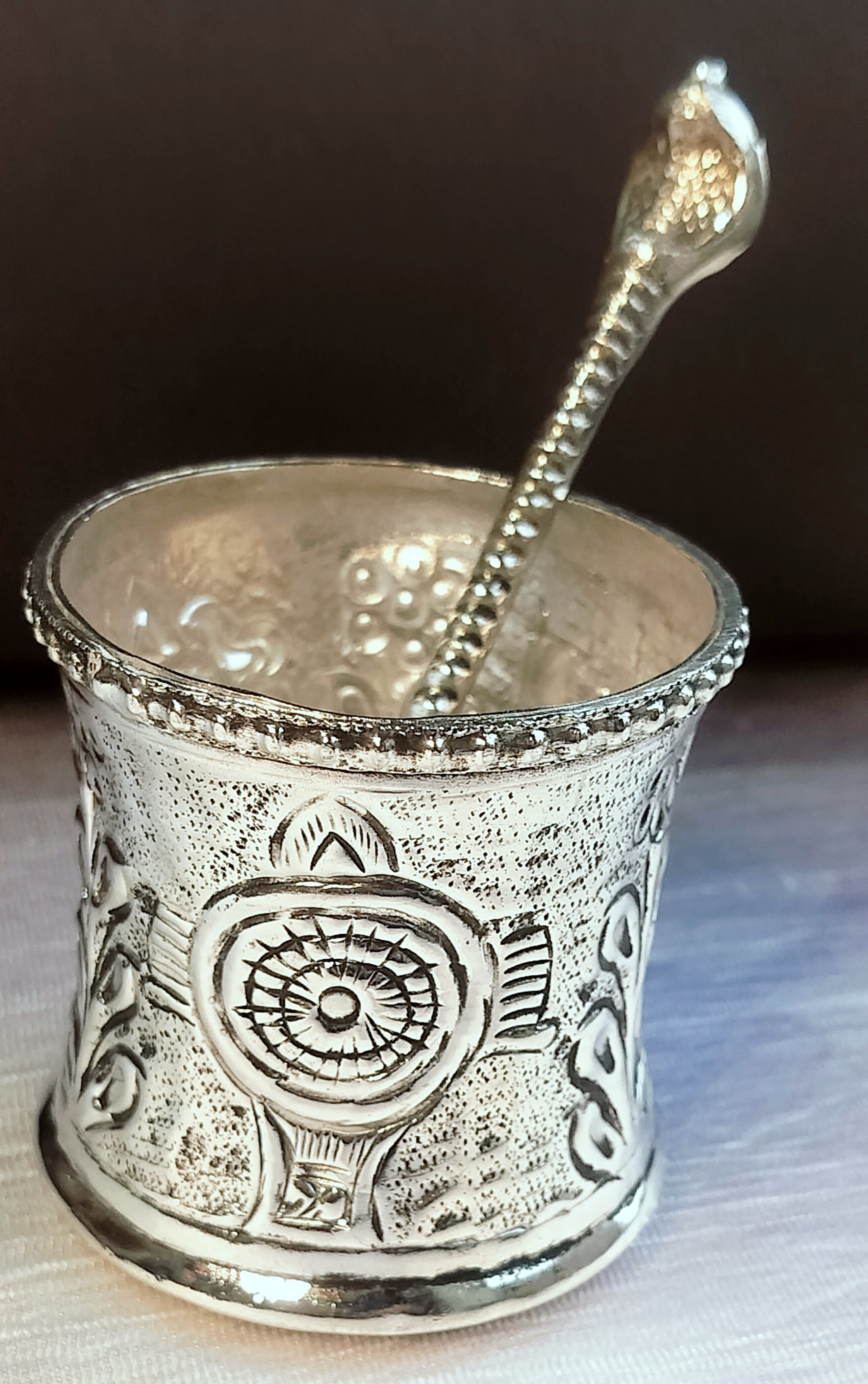 German silver antique panchapatra with aachmani set