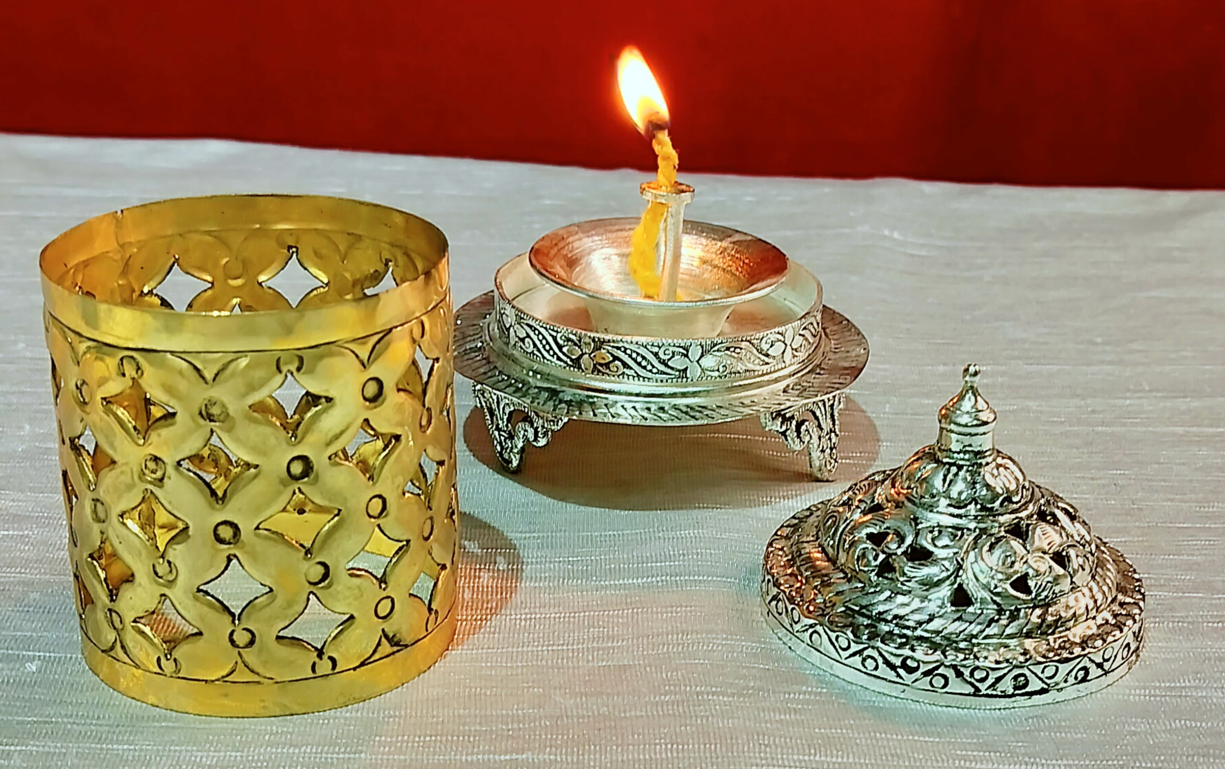 German silver with gold plated akhand diya for daily use-6.5"