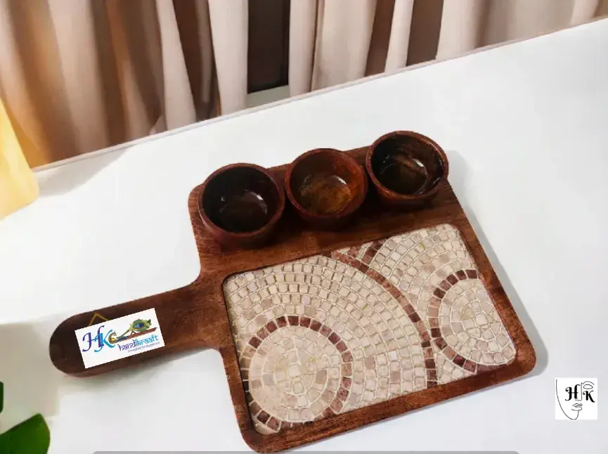 Wooden Serving Rectangular Platter with 3 Bowls-15x10"
