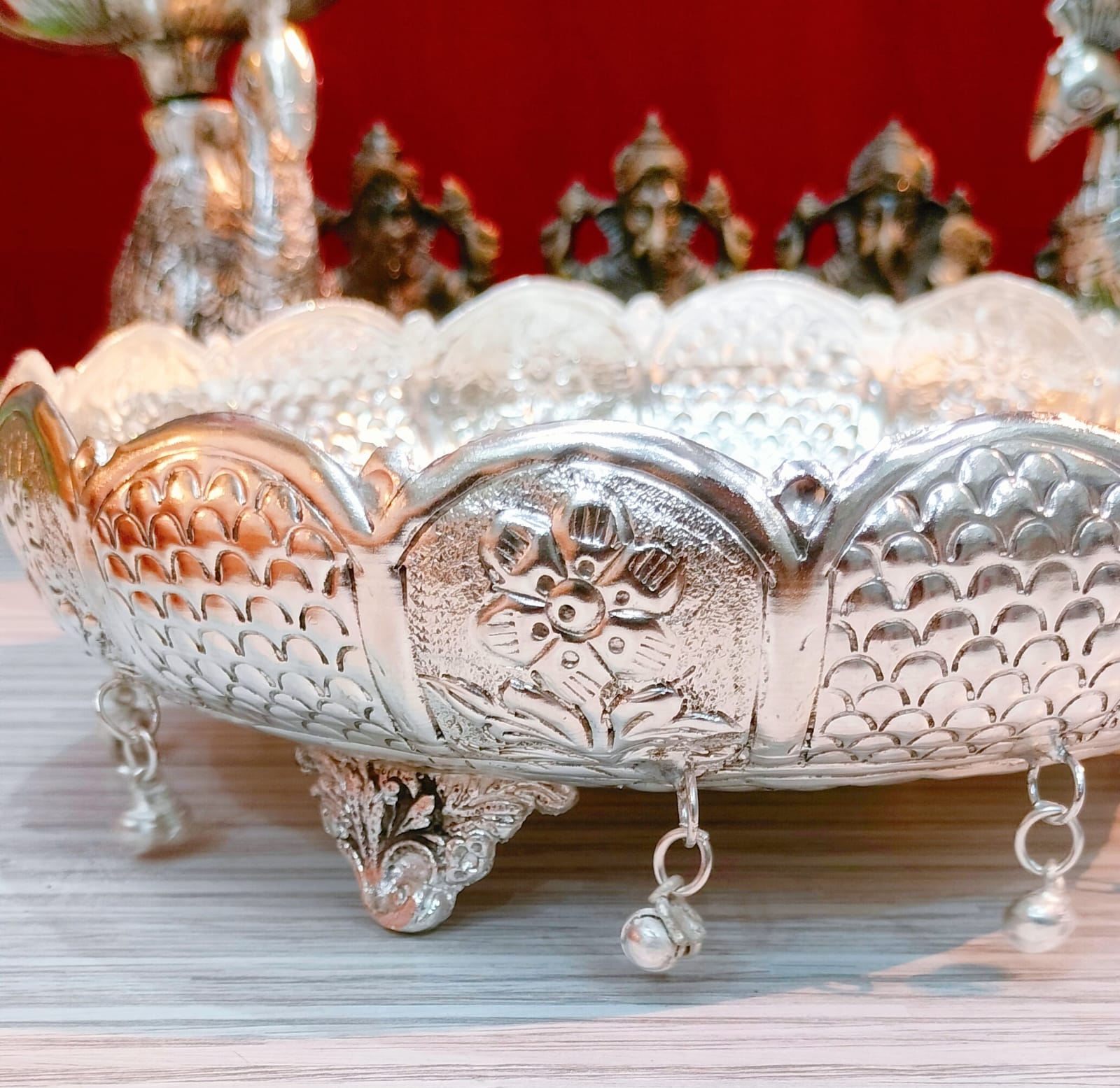 German silver antique lotus urli with hanging Ghungaru