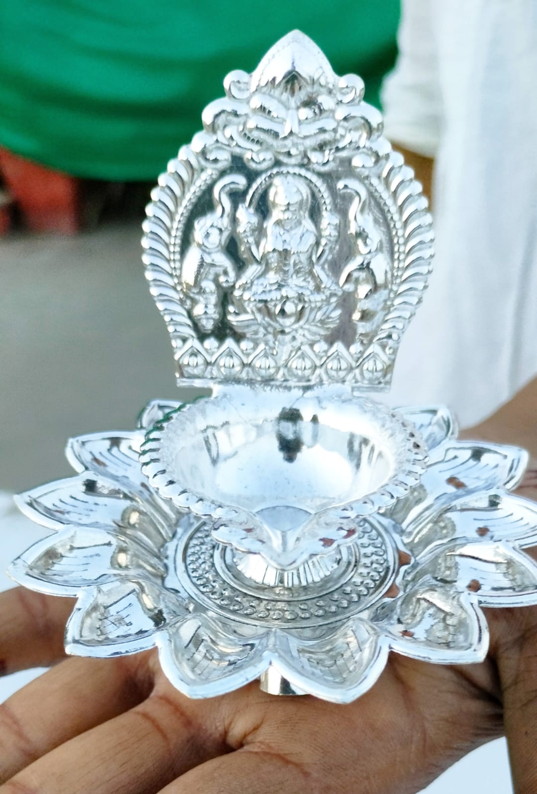 German silver lotus Laxmi diya with stand
