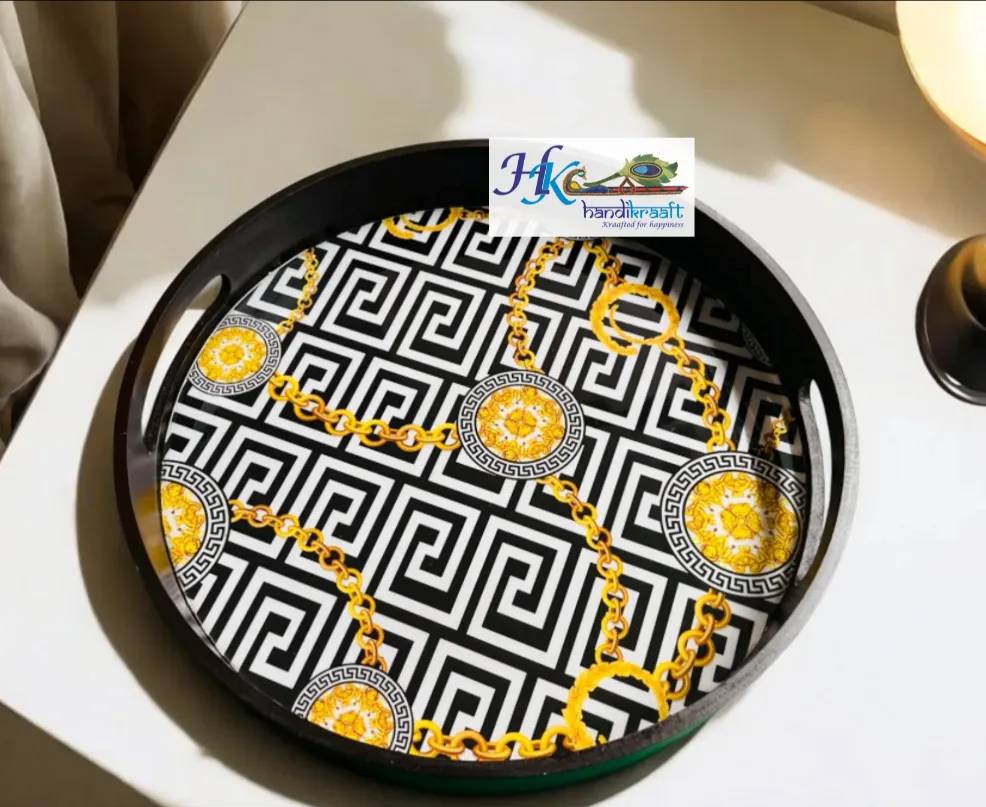 Premium Deco Painted Wooden Round Tray- 12 * 12