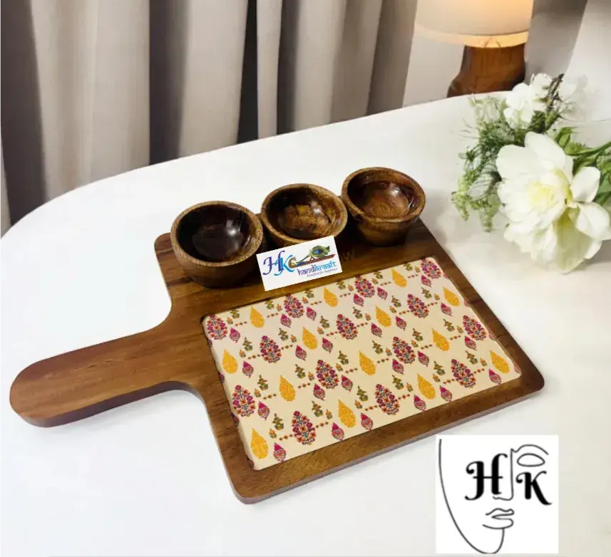 Wooden Serving Rectangular Platter with 3 Bowls-15x10"
