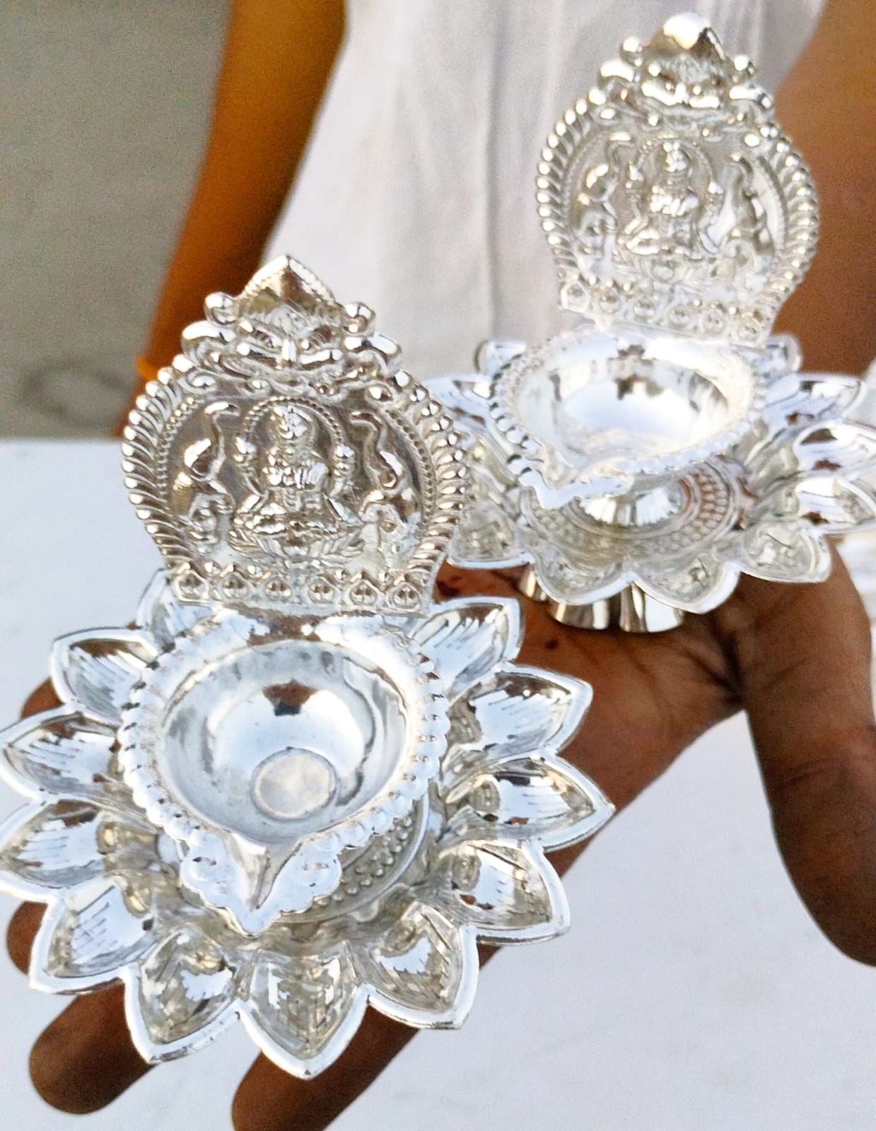 German silver lotus Laxmi diya with stand