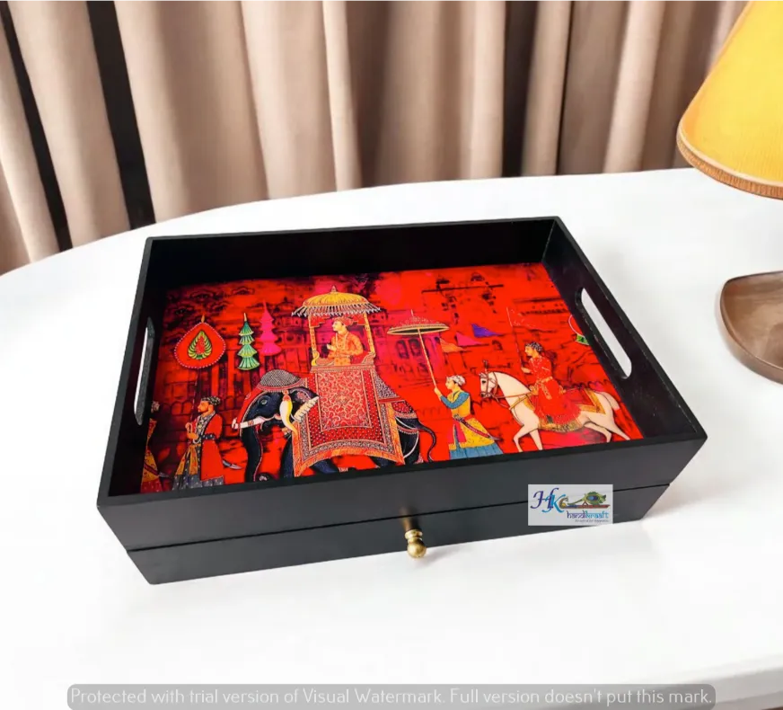 Rectangular Wooden Tray  with  Drawer-14L *  10B * 4H inches