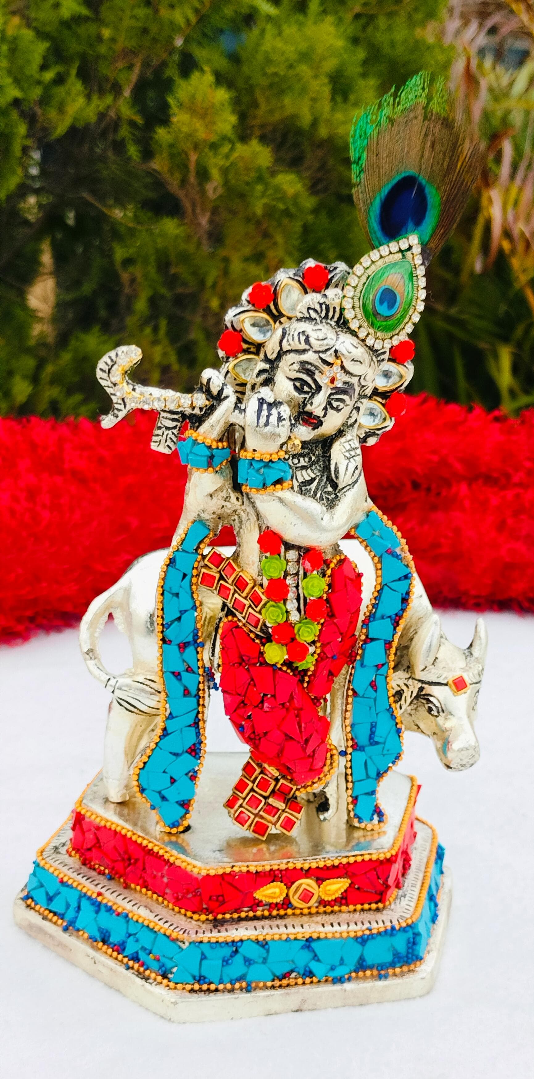 Antique German silver Cow with flute Bal Krishna