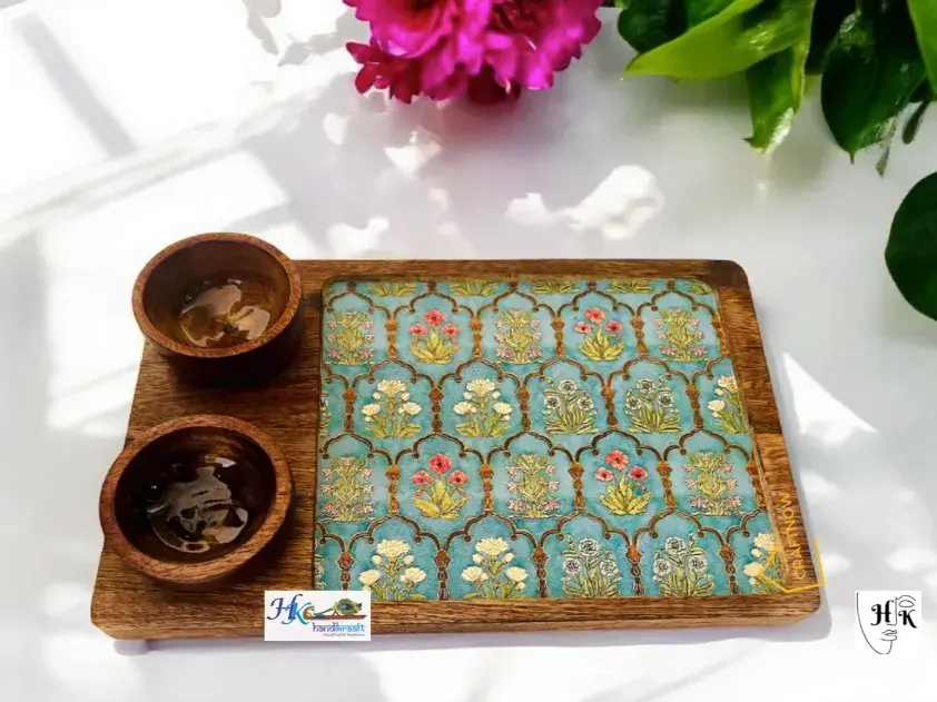 Wooden Serving Rectangular Platter with 2 Bowls-12x8"