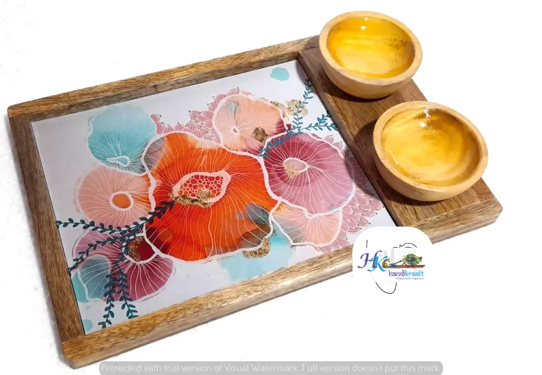 Wooden Serving Rectangular Platter with 2 Bowls-12x8"